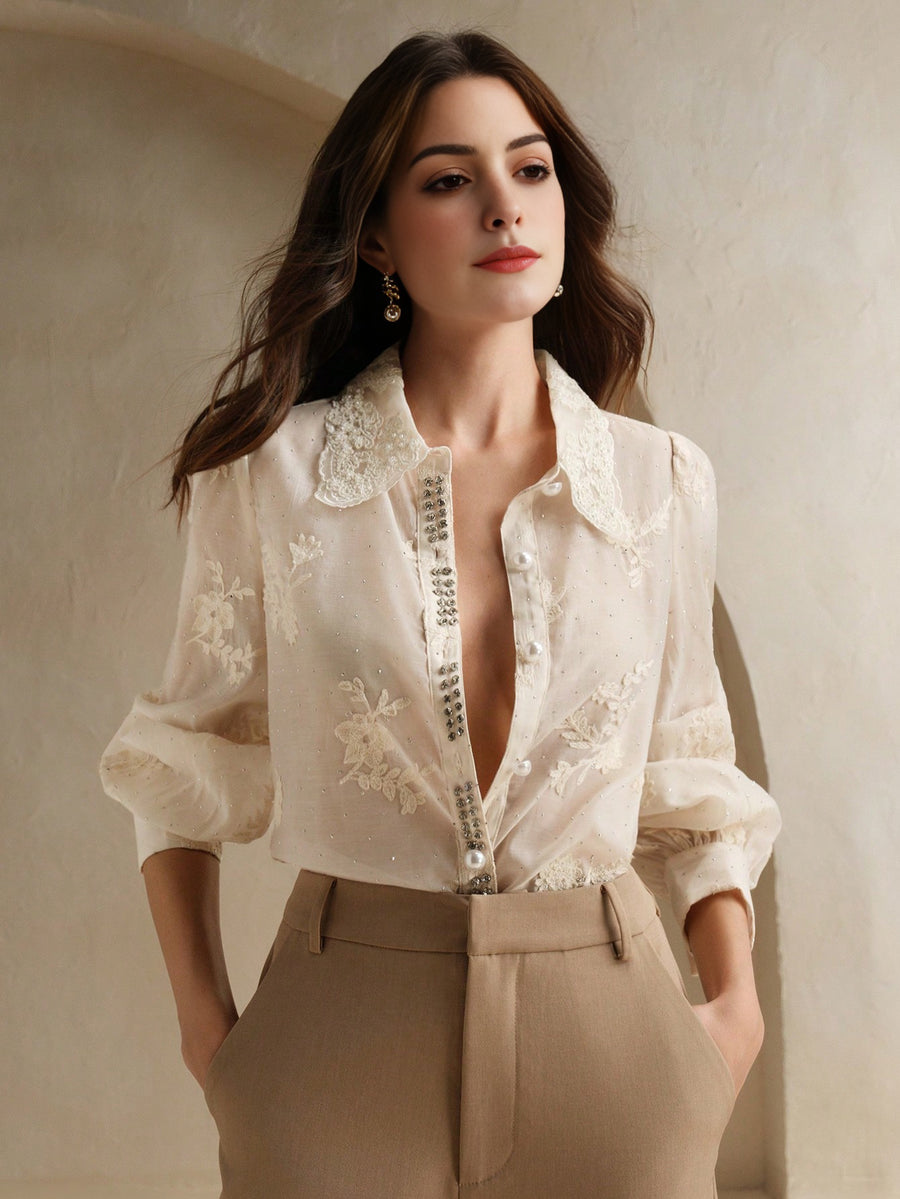 Isabella Jacquard Embroidery And Rhinestone Decoration Shirt