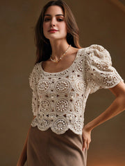 Isabella Women Square Neck Floral Hollow Crochet Puff Sleeve Elegant Resort T-Shirt