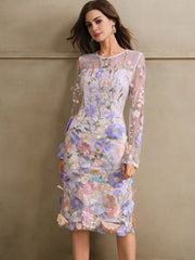 Isabella Crew Neck Long Sleeve Slit 3D Floral Vacation Casual Dress