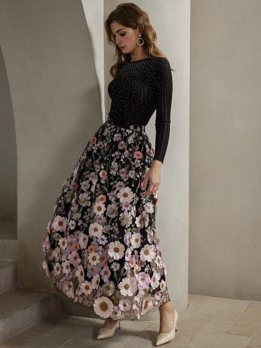 Isabella Heavy-Work 3D Floral Mesh Holiday A-Line Skirt