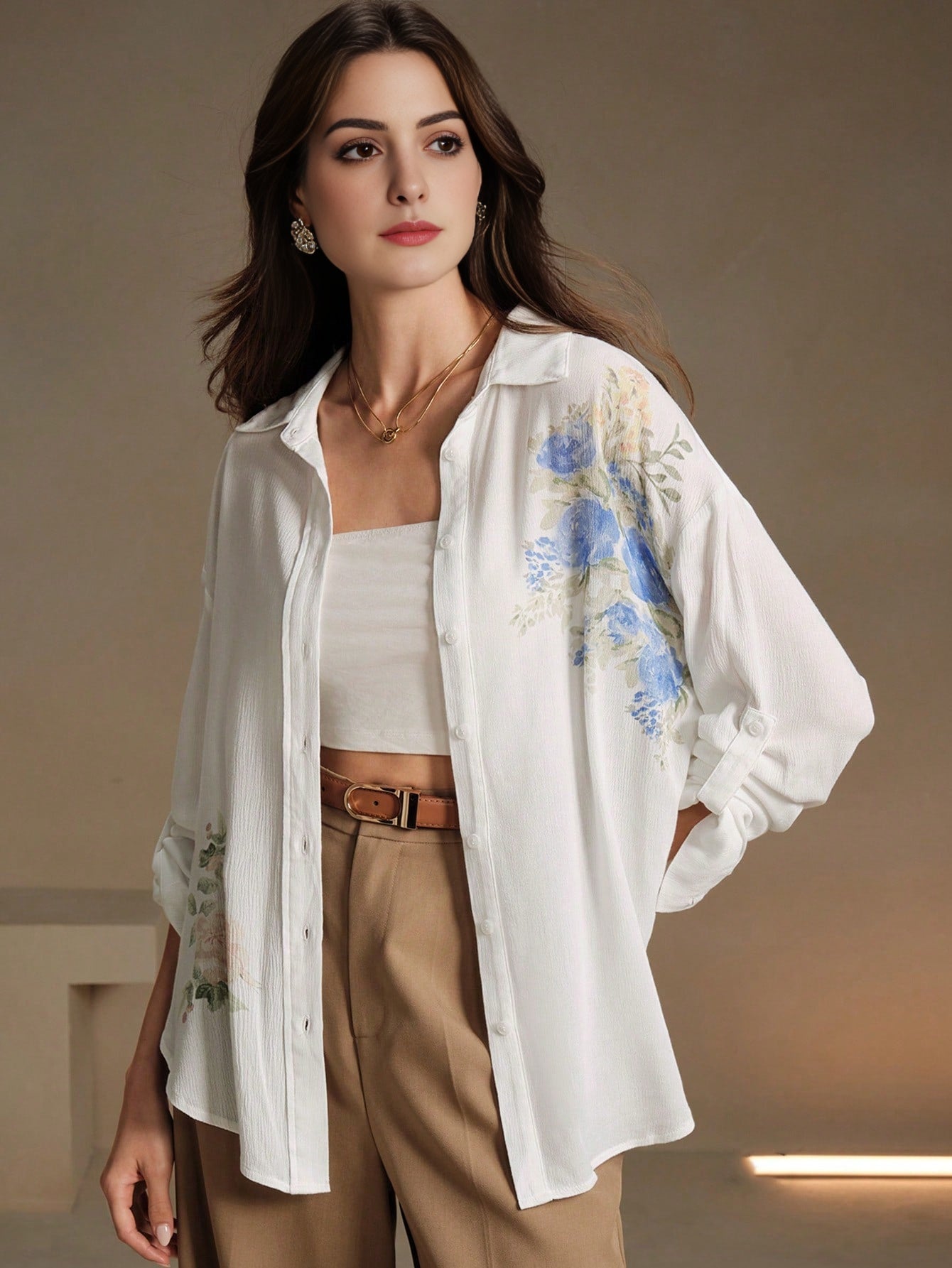 Isabella Collar Long Sleeve Printed Vacation Shirt