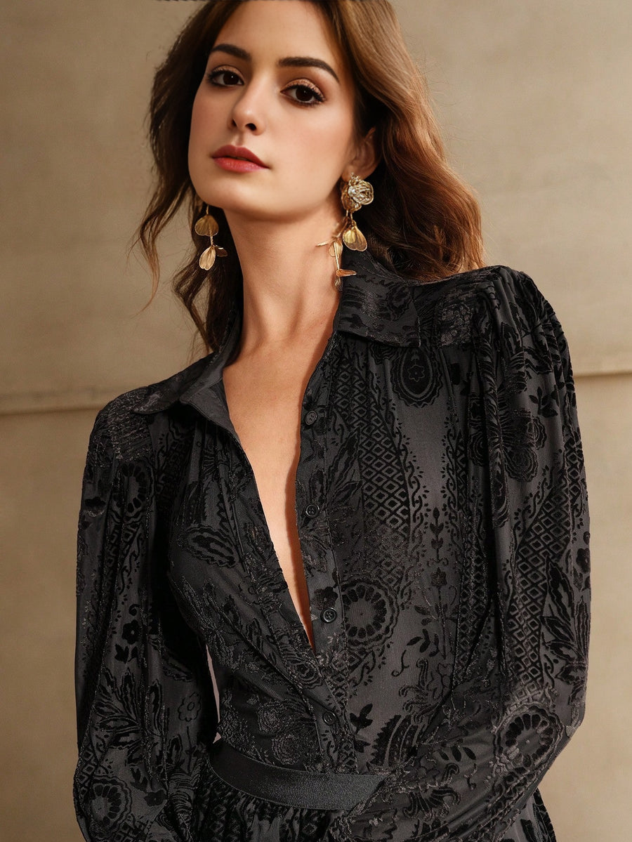 Isabella Velvet Floral Embroidered Elegant Long Sleeve Shirt