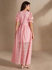 Isabella Pink Deep V Puff Sleeve Holiday And Beach Maxi Dress