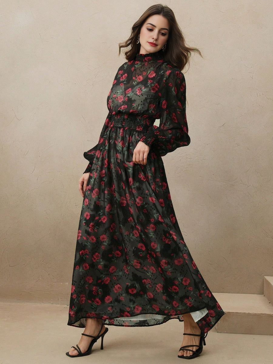 Isabella Ditsy Floral Cinched Waist Elegant Maxi Dress