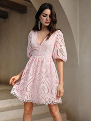 Isabella Pink V-Neck Puff Sleeve Dress With Scallop Hem Elegant Summer Dress