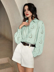 Isabella Lapel Long Sleeve Hollow Embroidery Casual Shirt