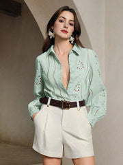 Isabella Lapel Long Sleeve Hollow Embroidery Casual Shirt