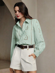 Isabella Lapel Long Sleeve Hollow Embroidery Casual Shirt