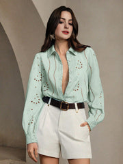 Isabella Lapel Long Sleeve Hollow Embroidery Casual Shirt