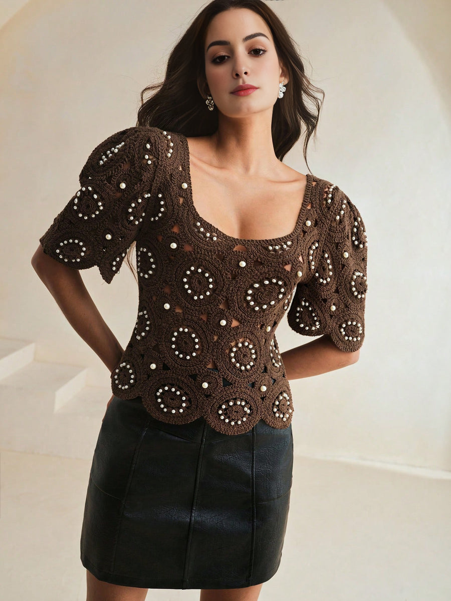 Isabella Women Square Neck Floral Hollow Crochet Puff Sleeve Elegant Resort T-Shirt