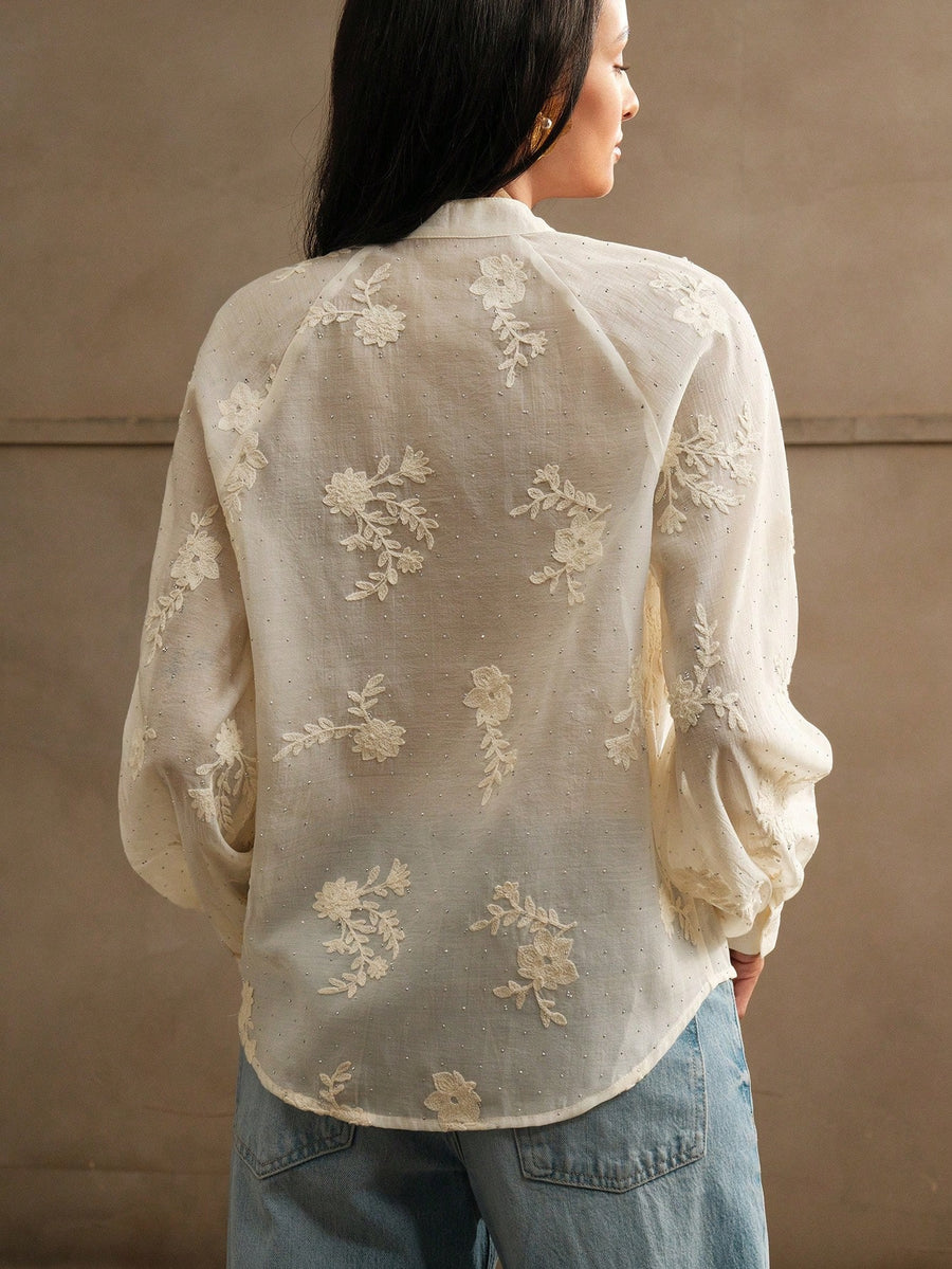 Isabella V-Neck Lantern Sleeve Rhinestone Vintage Embroidery Shirt