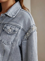 Isabella Rhinestone Embellished Denim Long Sleeve Utility Jacket