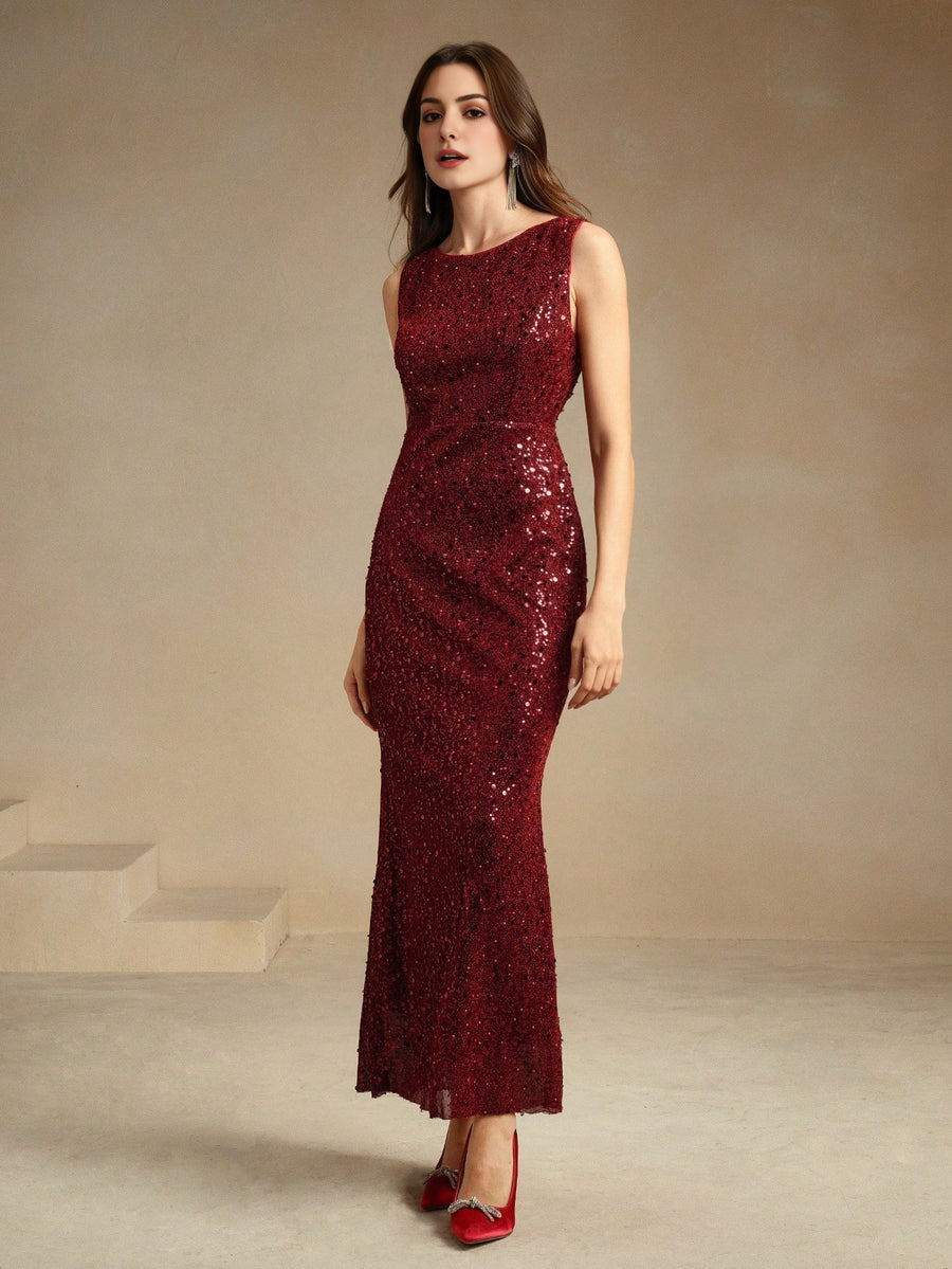 Isabella Round Neck Backless Sequin Mermaid Elegant Evening Dress