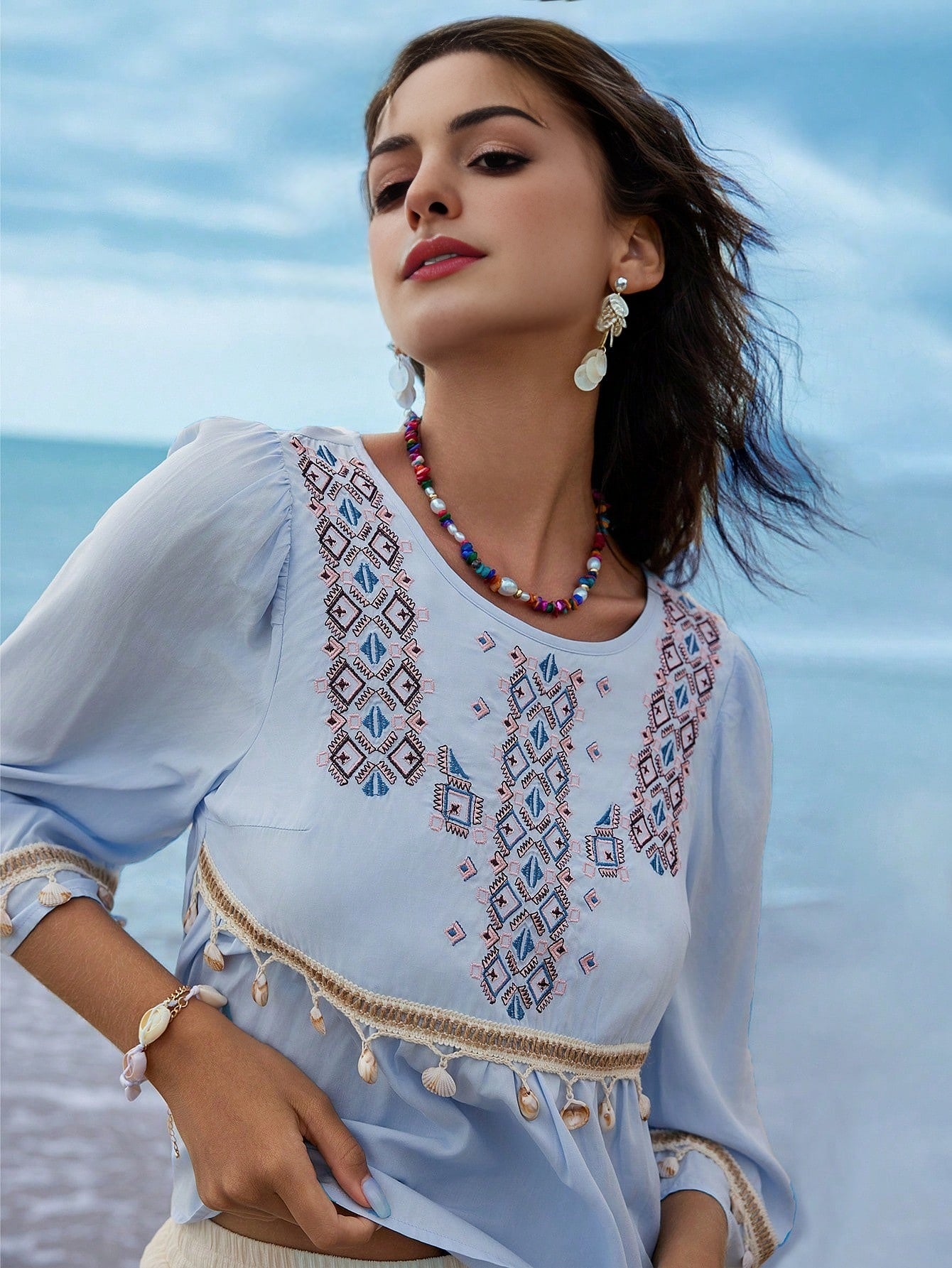 Isabella Geometric Embroidery Seashell Tassel Shirt