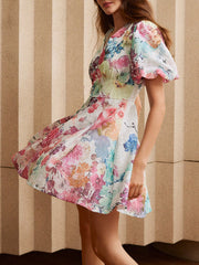 Isabella V-Neck Puff Sleeve Floral Print Elegant Vacation Dress