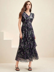 Isabella Summer Casual Floral Printed Ruffle Hem Decorated Midi Dress