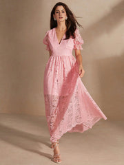 Isabella Pink Deep V Puff Sleeve Holiday And Beach Maxi Dress