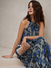 Isabella Crinkled Blue Floral Print Halter Neck Dress