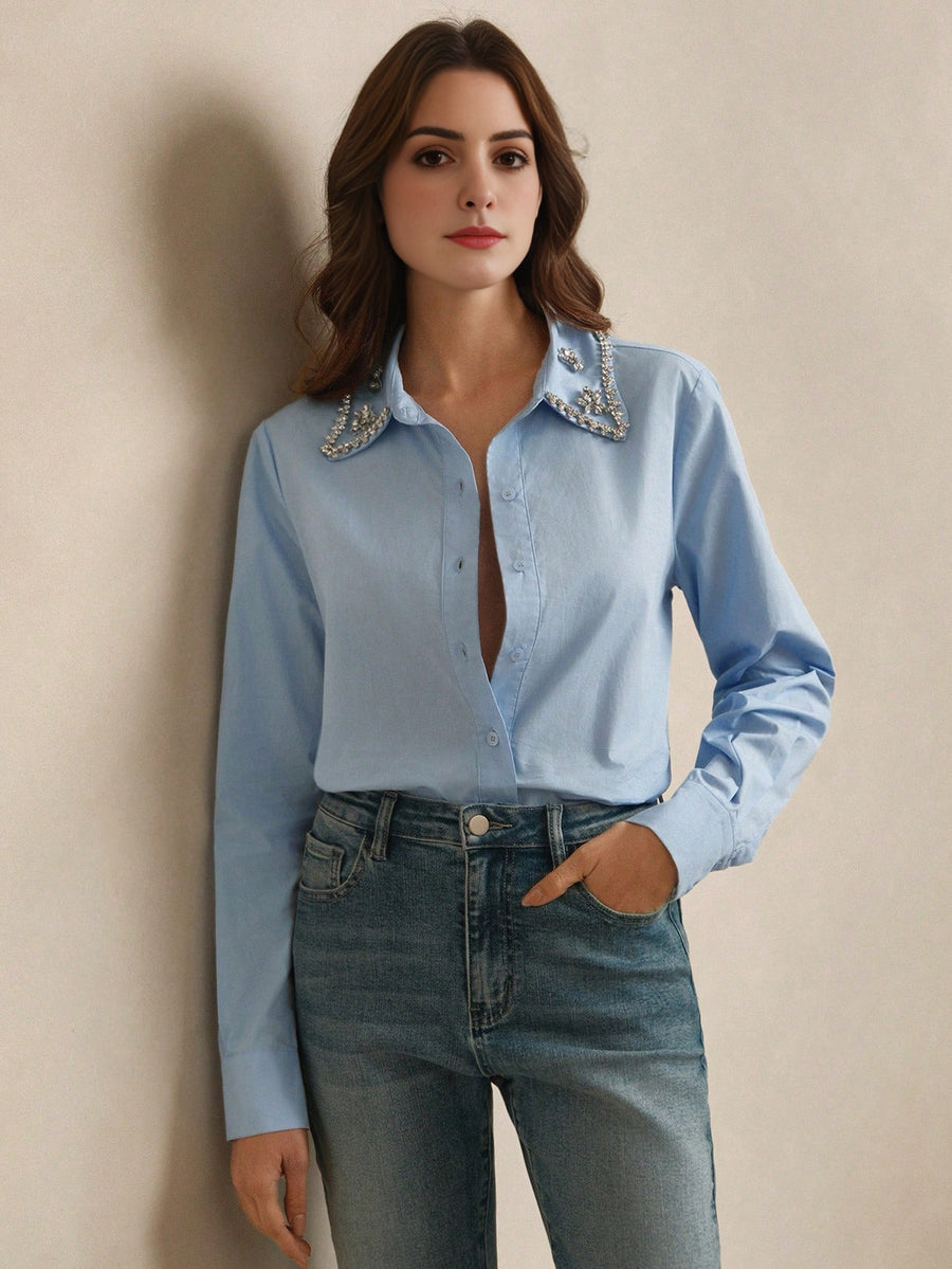 Isabella Collar Rhinestone Embellished Elegant Shirt