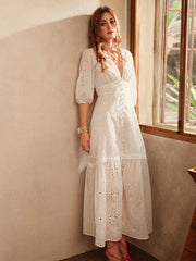 Isabella White V-Neck Slit Lace Elegant Floor-Length Dress