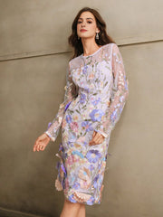 Isabella Crew Neck Long Sleeve Slit 3D Floral Vacation Casual Dress