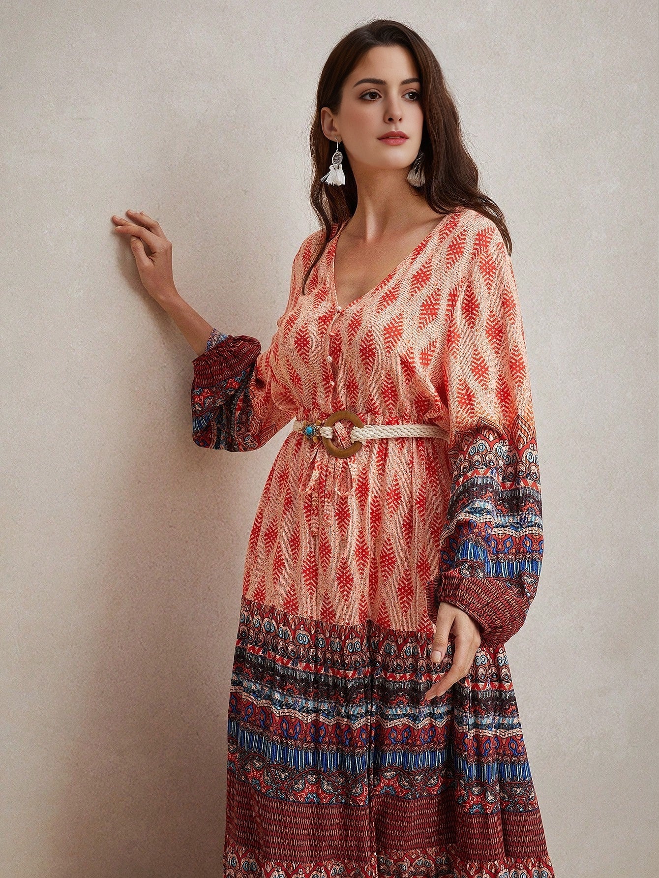 Isabella Floral Printed V-Neck Lantern Sleeve Dress Boho Dress