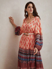 Isabella Floral Printed V-Neck Lantern Sleeve Dress Boho Dress