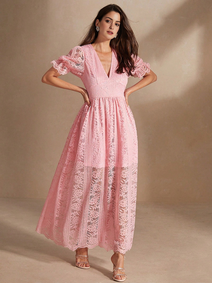 Isabella Pink Deep V Puff Sleeve Holiday And Beach Maxi Dress