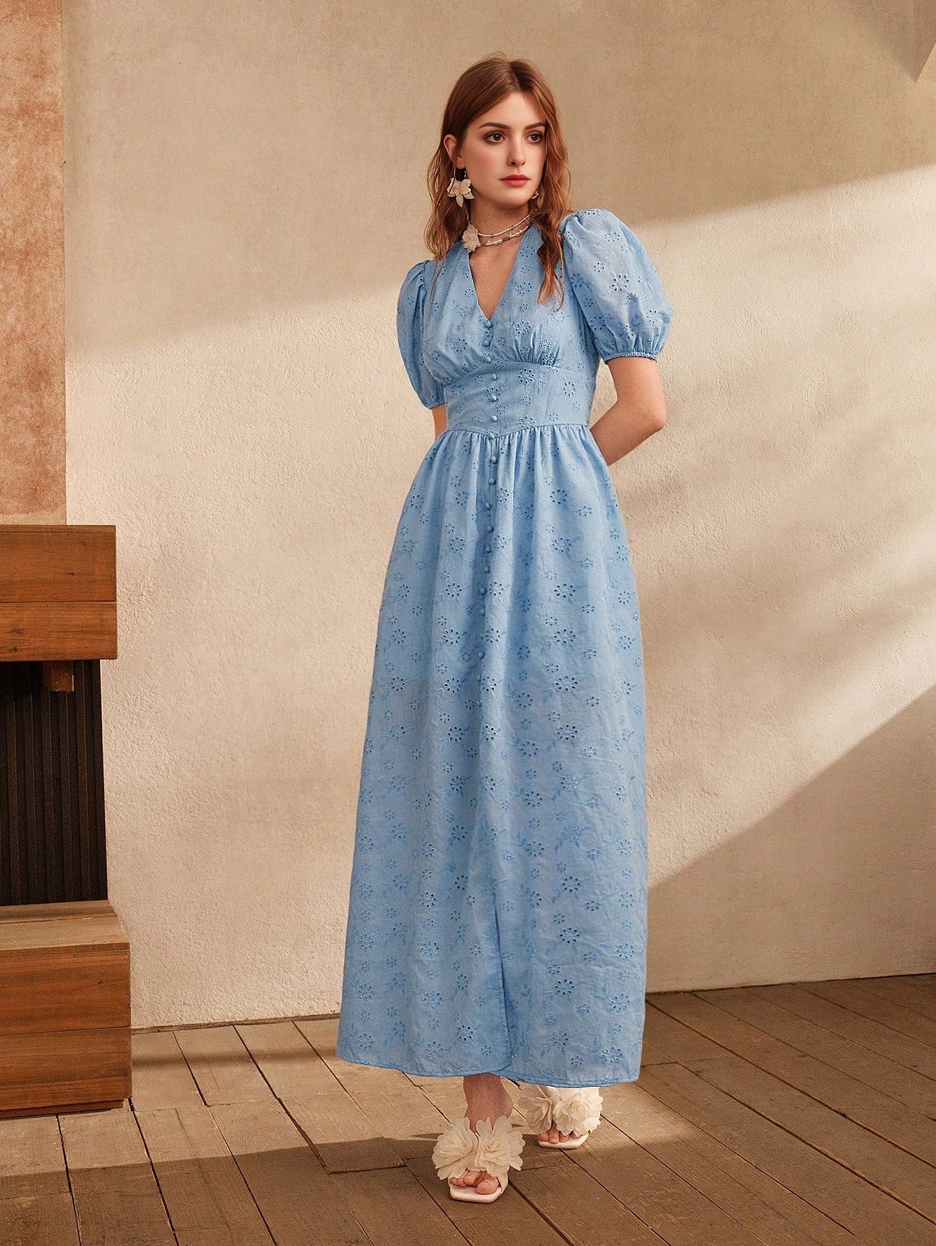 Isabella Blue Embroidered Slit V-Neck Puff Sleeve Elegant Floor-Length Dress