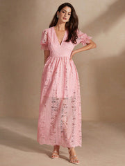 Isabella Pink Deep V Puff Sleeve Holiday And Beach Maxi Dress