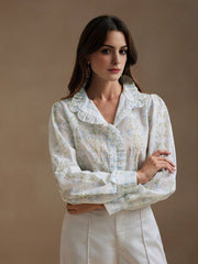 Isabella Floral Stand Collar Long Sleeve Shirt With Ruffle Trim, Palace Style Vacation Casual Blouse