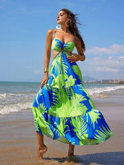 Isabella Holiday Style Seaside Passion Botanical Print Sexy Slim Green Hollow Waist Dress