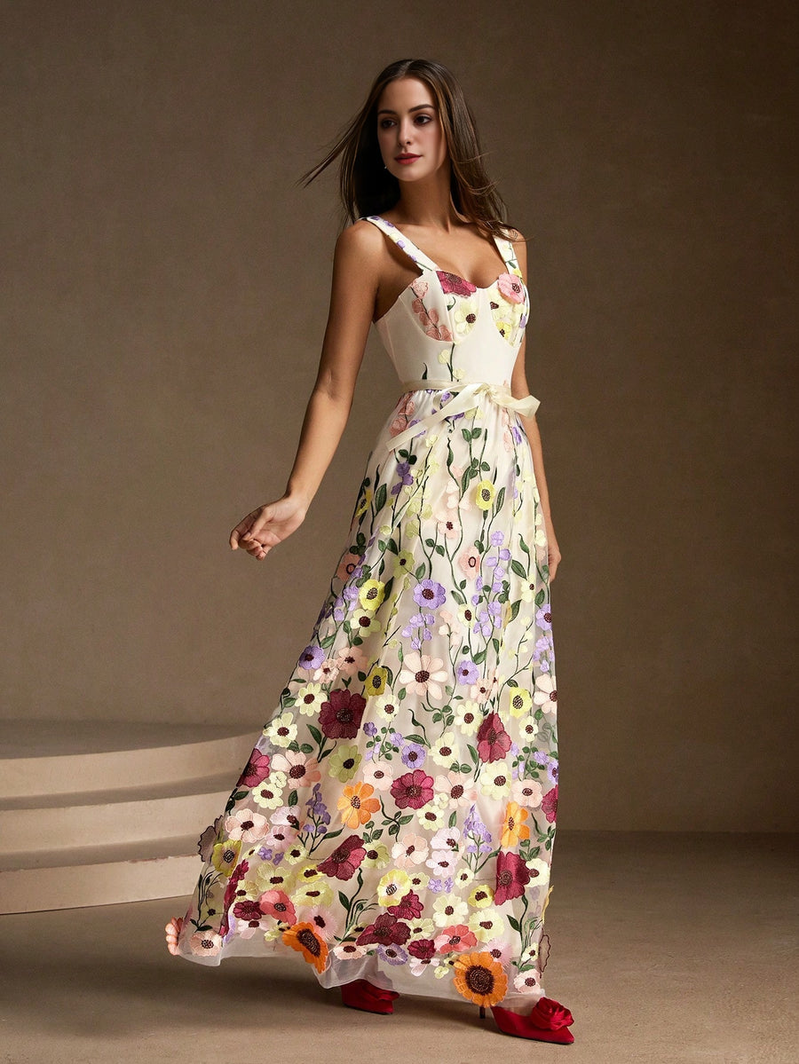 Isabella 3D Flower Accent Waist Tie Strap Maxi Dress