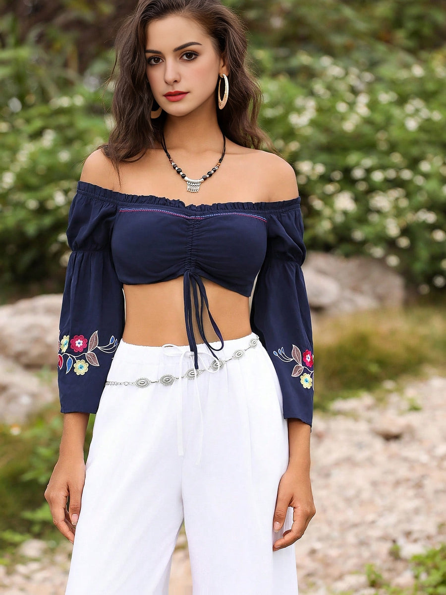 Women's Off-Shoulder Vintage Printed Ruched Fashion Crop Top