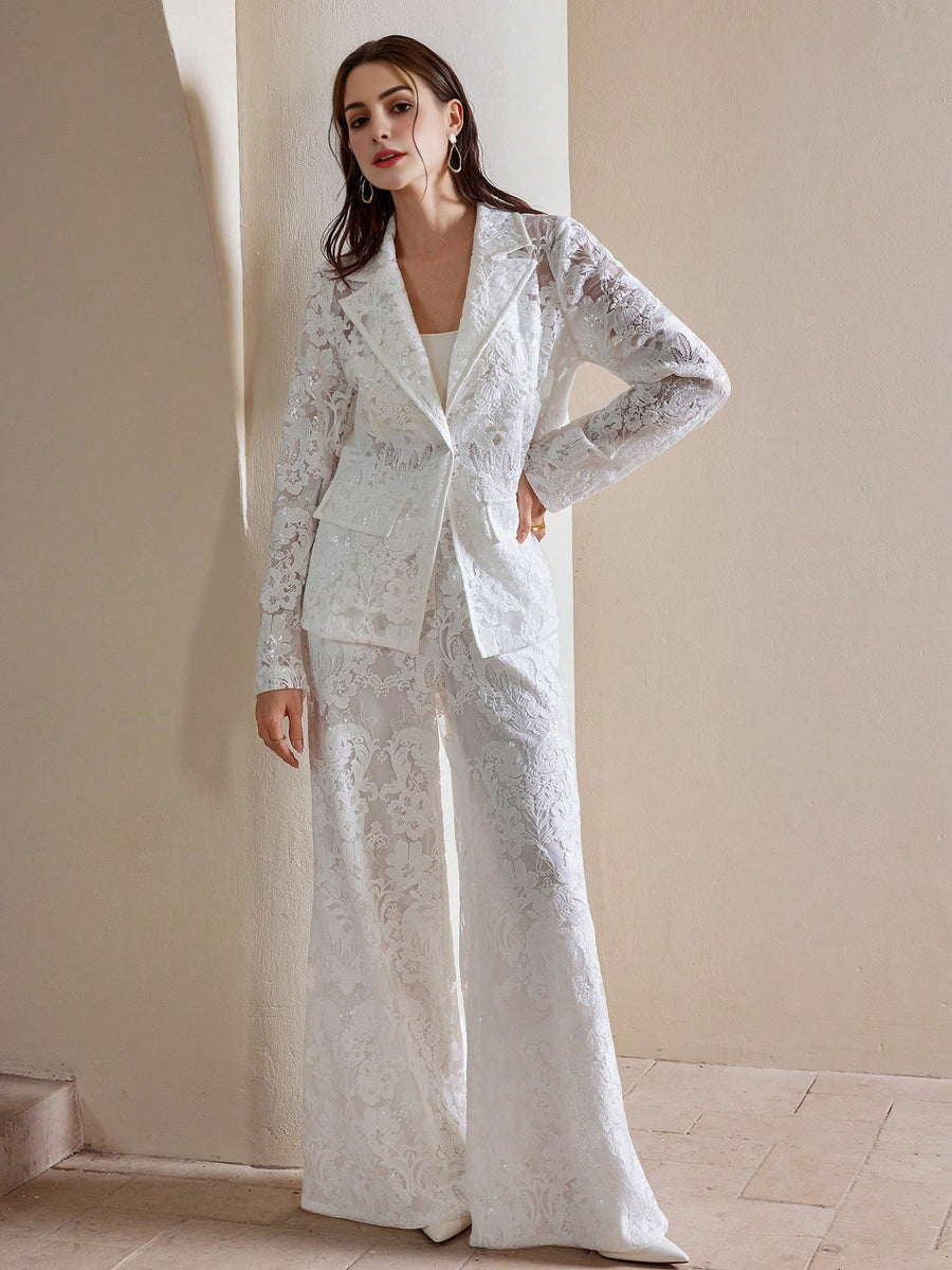 Isabella Elegant Embroidered Sequined Translucent Blazer Suit