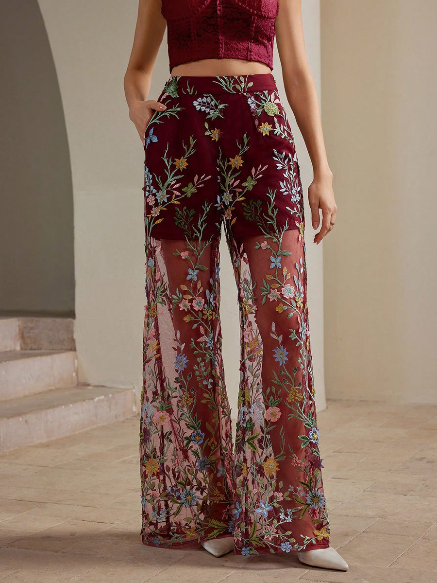 Isabella Semi-Sheer Embroidery Women's Long Pants