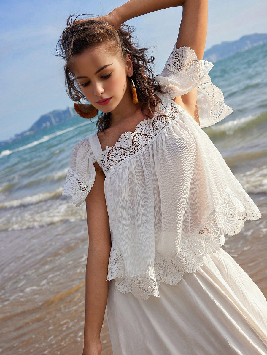 Isabella Vacation Style White Loose Fit Short Sleeve Shirt With Lace Details