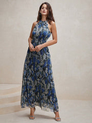 Isabella Crinkled Blue Floral Print Halter Neck Dress