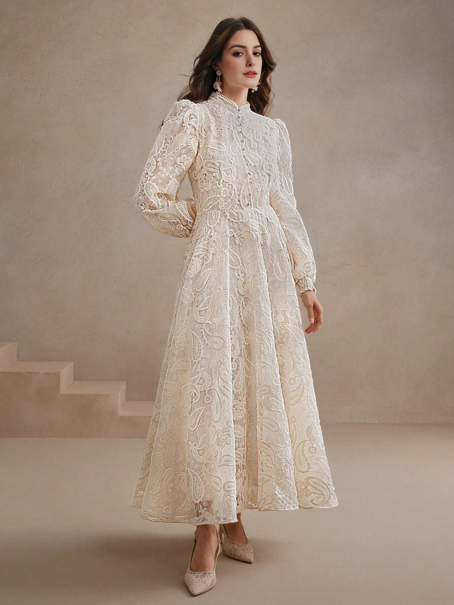 Isabella Ruched Waist Floral Embroidery Elegant Dress