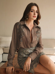 Isabella 2pcs/Set Collared Long Sleeve Embroidered Mesh Blouse & A-Line Mini Skirt Suit