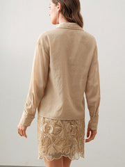 Isabella 2pcs/Set Collared Long Sleeve Embroidered Mesh Blouse & A-Line Mini Skirt Suit