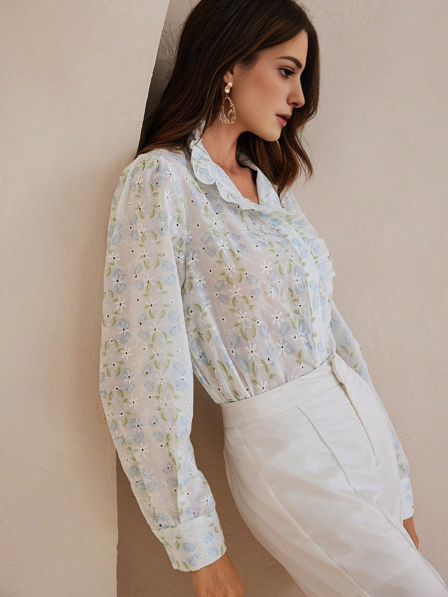 Isabella Floral Stand Collar Long Sleeve Shirt With Ruffle Trim, Palace Style Vacation Casual Blouse