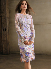 Isabella Crew Neck Long Sleeve Slit 3D Floral Vacation Casual Dress