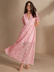 Isabella Pink Deep V Puff Sleeve Holiday And Beach Maxi Dress