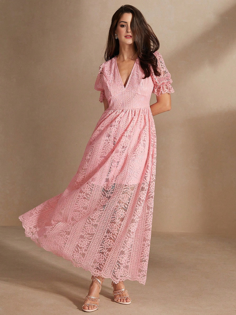 Isabella Pink Deep V Puff Sleeve Holiday And Beach Maxi Dress