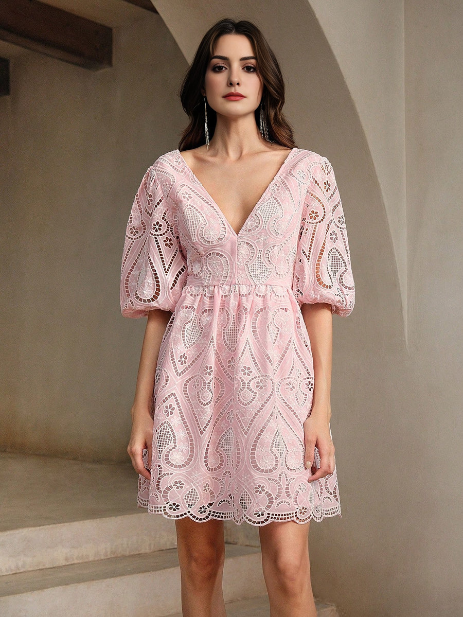 Isabella Pink V-Neck Puff Sleeve Dress With Scallop Hem Elegant Summer Dress