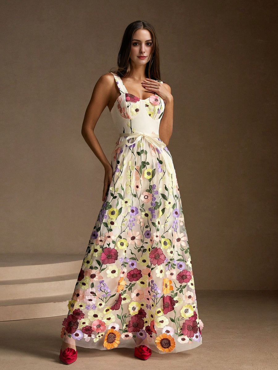 Isabella 3D Flower Accent Waist Tie Strap Maxi Dress