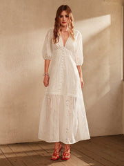 Isabella White V-Neck Slit Lace Elegant Floor-Length Dress