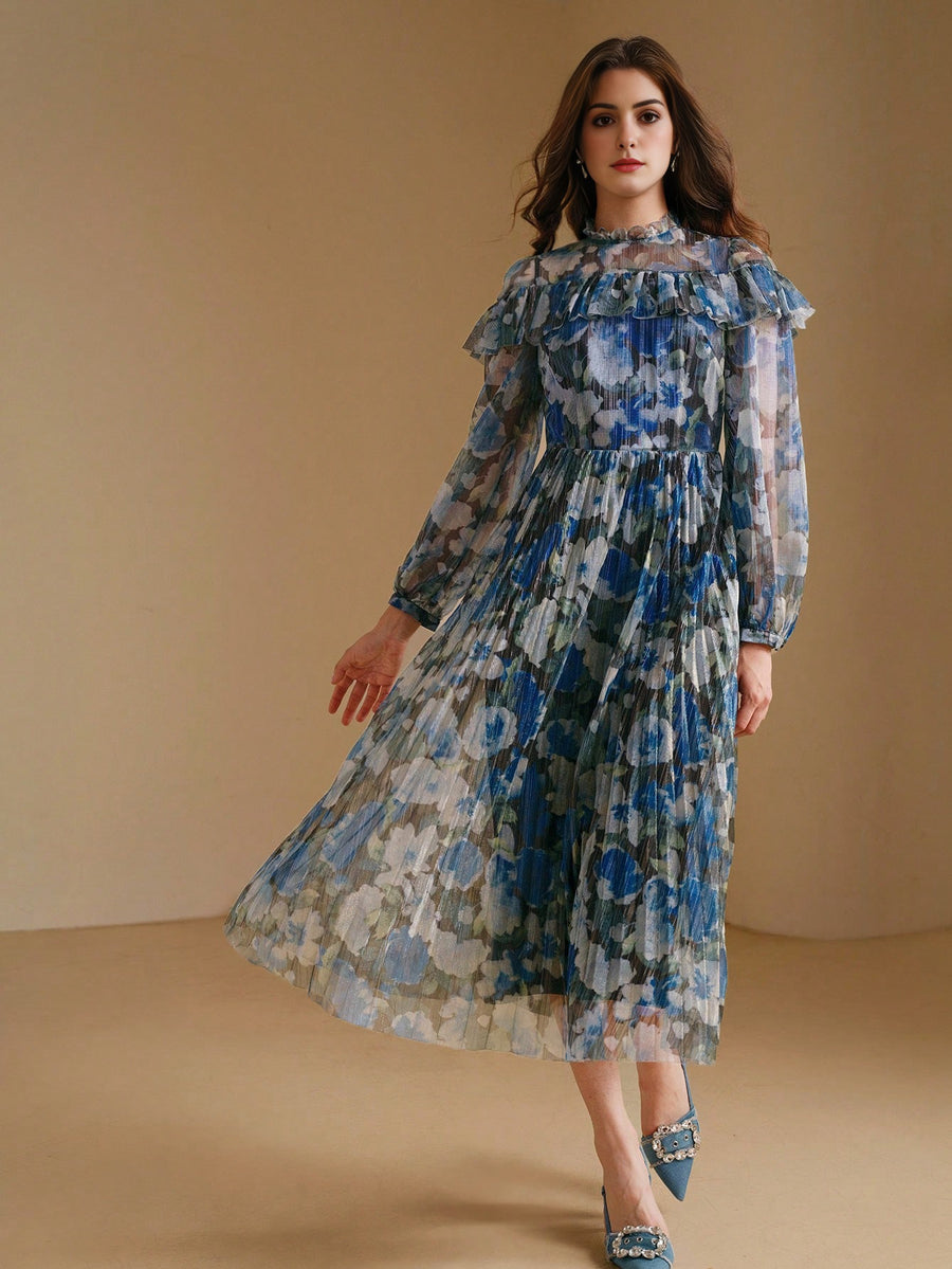 Isabella Vintage Blue Ditsy Floral Ruffled Elegant Dress