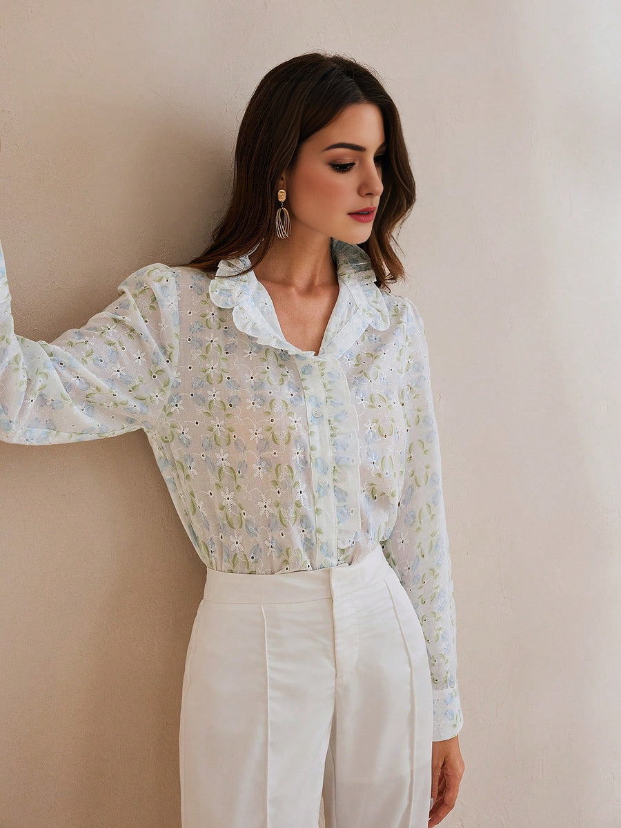 Isabella Floral Stand Collar Long Sleeve Shirt With Ruffle Trim, Palace Style Vacation Casual Blouse